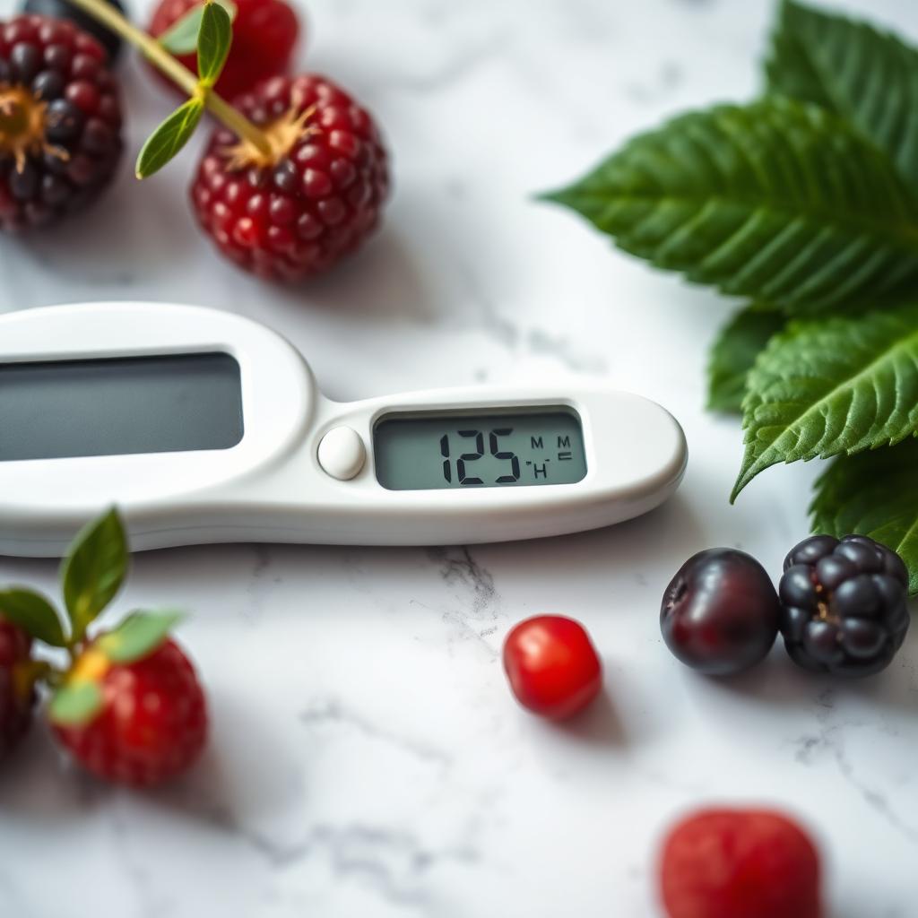 Healthy glucose meter reading with fresh berries — the kind of steady numbers Truvora Gluco Balance users aim for