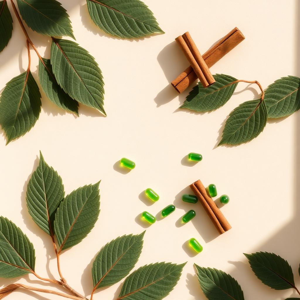 Fresh mulberry leaves, cinnamon sticks, and green capsules — the core ingredients of Truvora Gluco Balance
